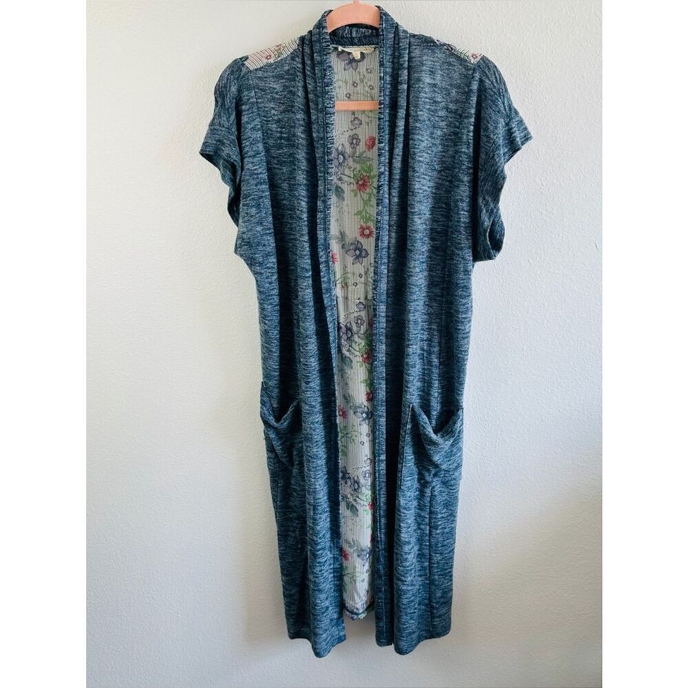 Mystree Short Sleeve Mixed Media Floral Tie Back Boho Open Duster Size S